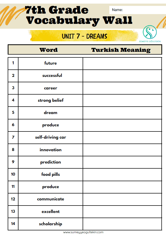 7.7 Dreams Vocabulary Exercise